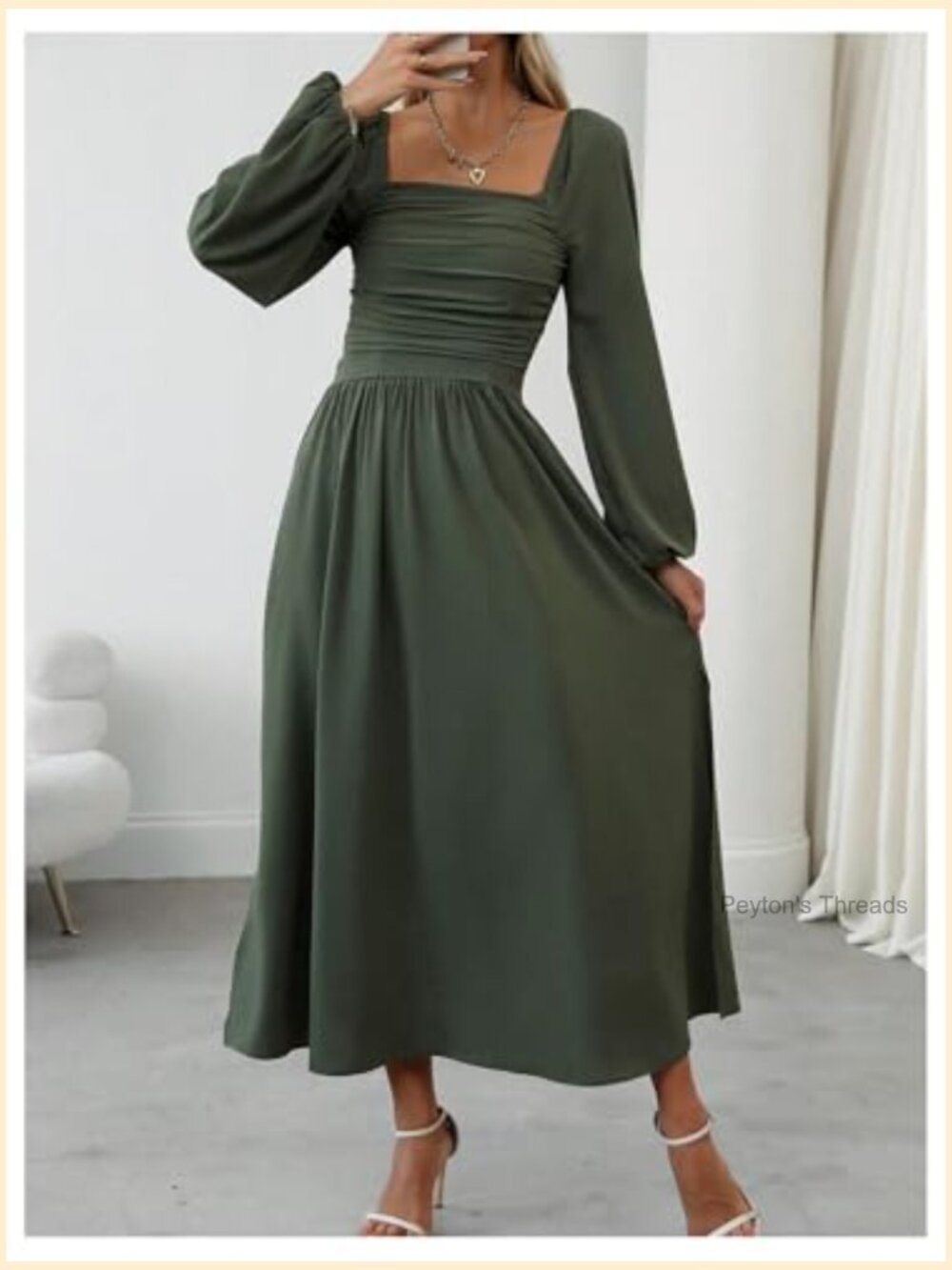 Women's Square Neck Lantern Long Sleeve Ruched Midi Dress - Picture 6 of 6